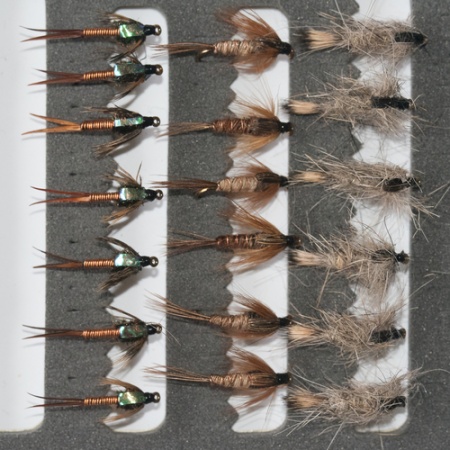 18 Barbless Nymphs Trout Fly fishing Flies GRHE, Pheasant Tail & Copper John